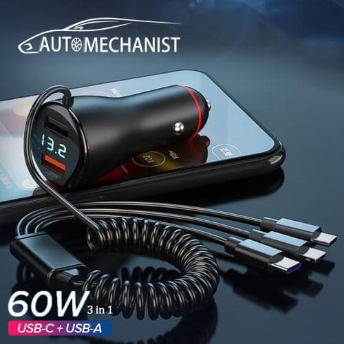Car Charger With Retractable 3 in 1 USB Cable Quick Charge Power QC3.0 USB Fast Charging for Cigarette Lighter Interior Parts