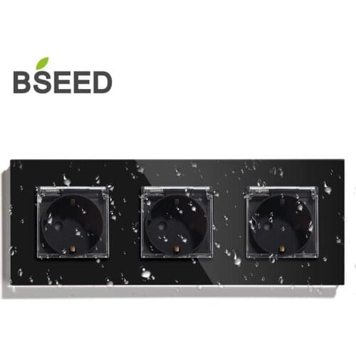 BSEED Waterproof Triple Socket EU Standard Wall Socket 16A 110V-250V White Black Gloden Crystal Glass Panel Wall Socket