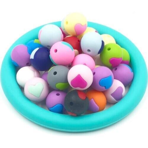 5Pcs/Pack Heart Pattern Beads Food Grade Teething Accessories Baby Shower Toys Necklace Bracelet Baby Teether Dental Care