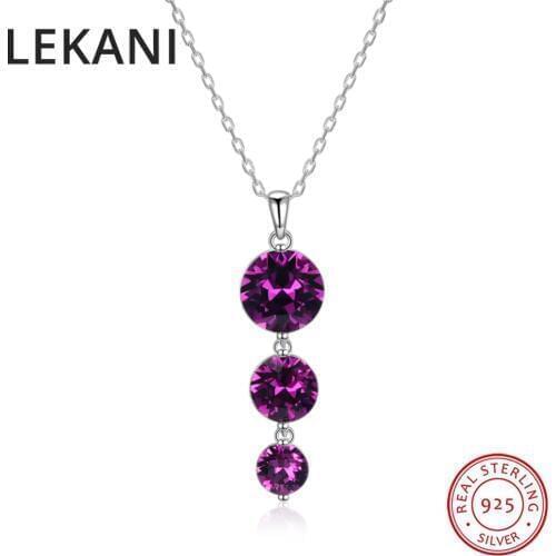 LEKANI Purple Crystals From Swarovski Long Pendant Necklace For Women Party Wedding Chic S925 Silver Beads Chain Fine Jewelry
