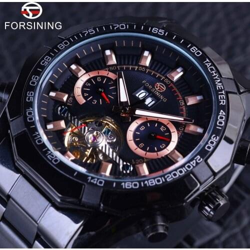 Forsining 2017 Sport Racing Design Black Stainless Steel Mens Watches Top Brand Luxury Automatic Tourbillion Male Wristwatches