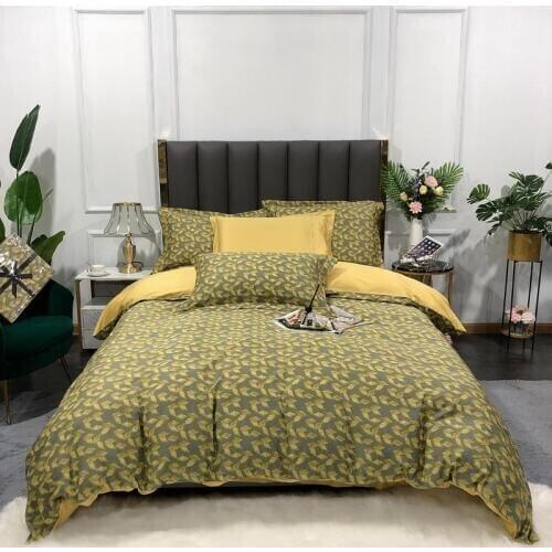 Gold foil pattern Bedding Set Long-staple Cotton Bed Set Golden yellow Duvet Cover/sheet/pillowcases Queen/King Size Bed