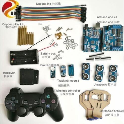 Wireless Handle Control Kit with UNO Board+Motor Driver+Joystick+Ultrasonic Sensor+Tracking Module+Buzzer for Arduino Car DIY