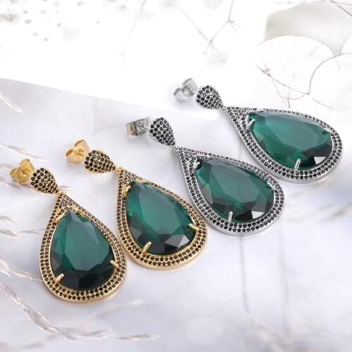 Exaggerated Large Droplet Shaped Green Zircon Earrings Shiny Luxury Crystal Jewelry Fine Accessories Bohemian For Women Prom