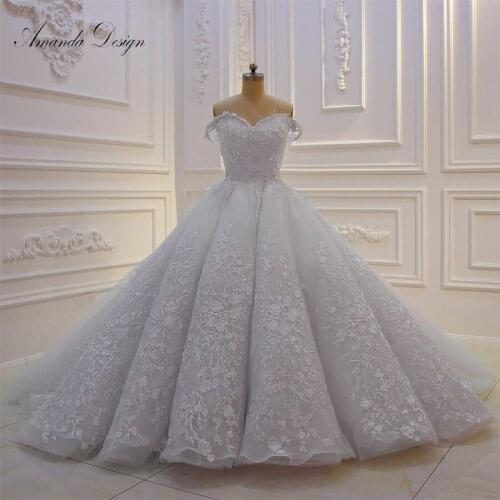 Amanda Design Off The Shoulder Lace Applique Pleated Wedding Dress