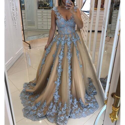 Lace prom dresses deep v neck lace appliques beading sequins ball gown champagne evening dresses arabic vestidos de graduacion