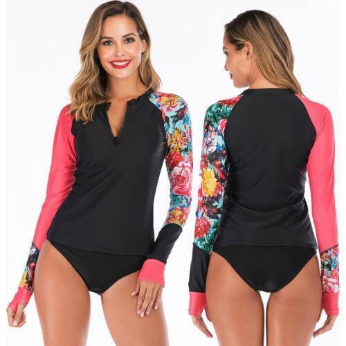 2021 Swimsuit Women Long Sleeve Rashguard Two Pieces Swimwear UPF50+ Print Floral Zipper Surf Rash Guard Hot Spring Bathing Suit