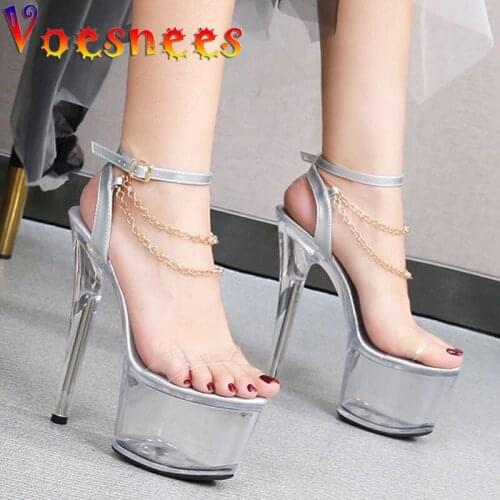 2021 New Sexy Metal Chain Decoration Women Sandal Shoes Summer Woman Transparent Crystal Platform Wedding Heels Shoes Size 34-41