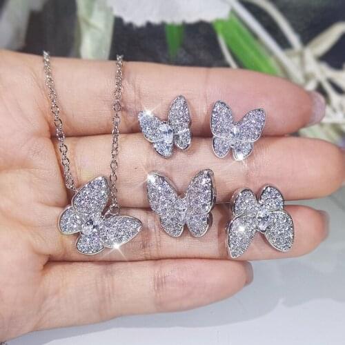 Original 925 Silver Bride Jewelry Sets Women Wedding Lovely Little Butterfly Ring Necklace Earrings Sets Silver 925 Jewelry