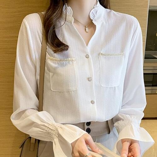 Autumn Women V-Neck White Blouse Shirt Women Tops Long Sleeve Chiffon Blouse Women Blusas Mujer De Moda 2021 Shirts Blouses F169