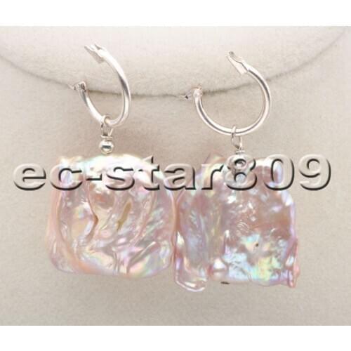 P6769 Huge 25mm Lavender Baroque Coin Keshi Pearl Dangle Earring 925silver