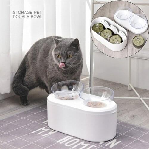 Pet Feeder 15 Degree Adjustable Cat Double Bowl Large Capacity Raised Stand Food Storage Container Elevated Transparent Bowls