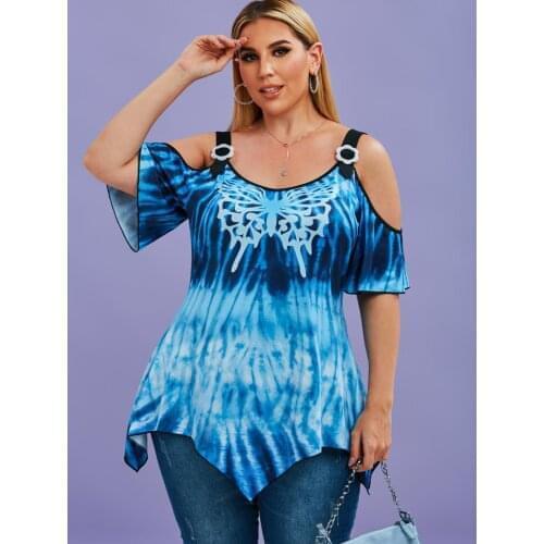 ROSEGAL Tie Dye Butterfly Open Shoulder Handkerchief Plus Size Top Women Short Sleeve Cold Shoulder Long Tunic Shirts Streetwear