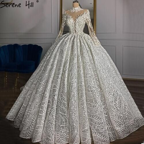 Luxury Ivory High Neck Sexy Wedding Dresses 2020 Long Sleeves Beading Pearls Bridal Gowns HM67129 Custom Made