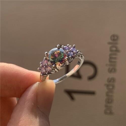Luxury Female Purple Crystal Stone Jewelry Classic Silver Color Wedding Rings For Women Charm Bride Round Zircon Engagement Ring