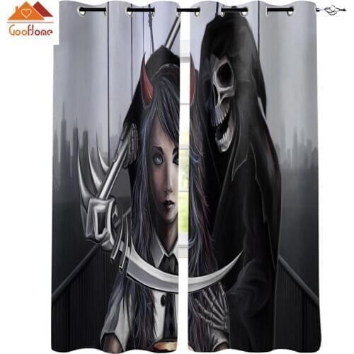 Halloween Schoolgirl Scythe Grim Reaper Skull Black Window Curtains Living Room Outdoor Fabric Drapes Curtain Home Decor