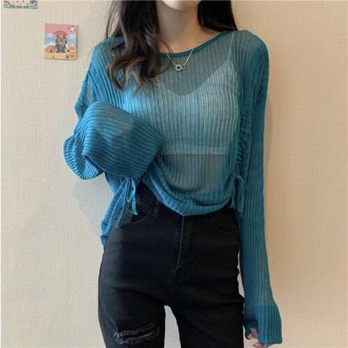 Autumn Women Draw String Loose O Neck Sweaters Solid Color Girl Transparent Sexy Thin Pullover Sweater Pull Harajuku Knit Top