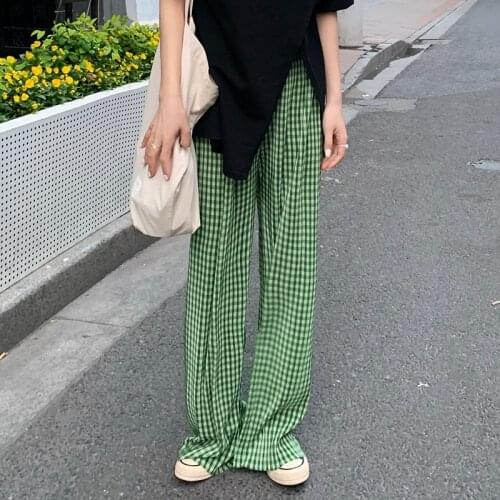 Hzirip Green Plaid Split High Waist Drape Thin Loose Fashion All-Match Women 2021 Summer Straight Pleated Casual Mopping Pants