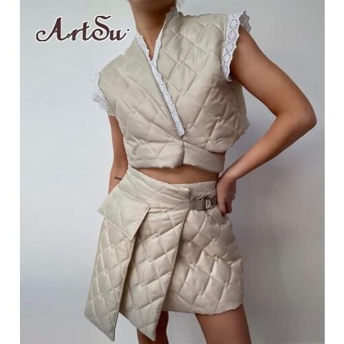 Plaid Two Piece Set Sleeveless Jacket Top Casual Cotton Clothes Women Autumn Winter Padded Vest Button Skirt Matching Outfit