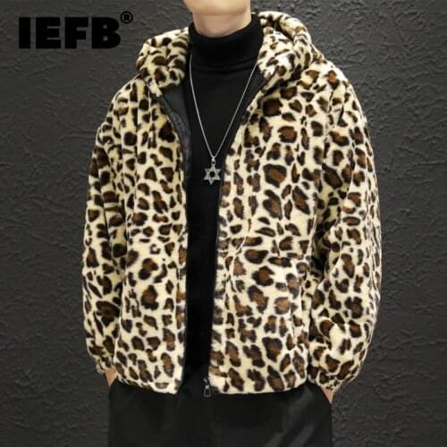 IEFB Woolen Winter Short Leopard Print Woolen Hooded Jacket Trendy Man 2021 New Flannel Zipper Coat S - 4XL Big Size Cloth 8982