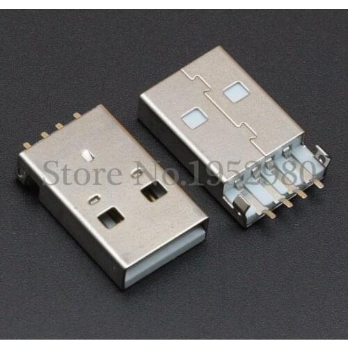 10PCS USB 2.0 Connector Male Socket A Type 180 Degree RA Style 4 Pins Bent Legs Offset SMT for Data Transmission Charging Port