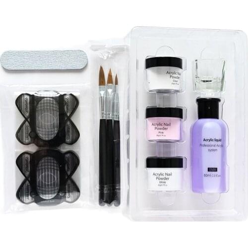 2021 Crystal Nail Art Kit Acrylic Powder+Liquid(60ml)+Pen+File+Form For UV Gel Nails Dipping/Carving Design Manicure Tool 3 In 1