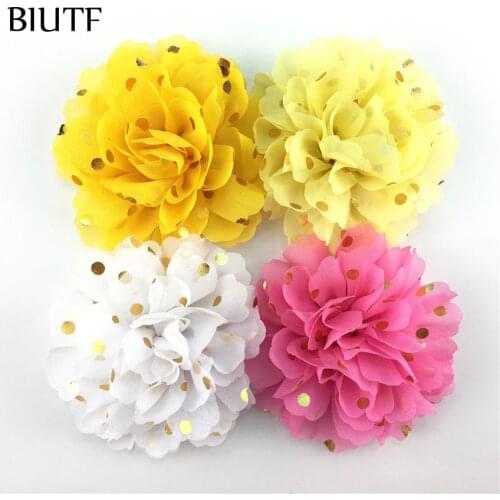5pcs/lot 10cm Artificial Gold Polka Dot Chiffon Flower With Hair Clip Or No Clip DIY For Headwear Accessories H0251
