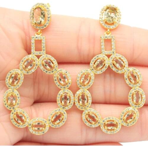 24x24mm Anniversary Big Created Golden Citrine White Sapphire For Women Fine Jewerlry Daily Wear Silver Earrings