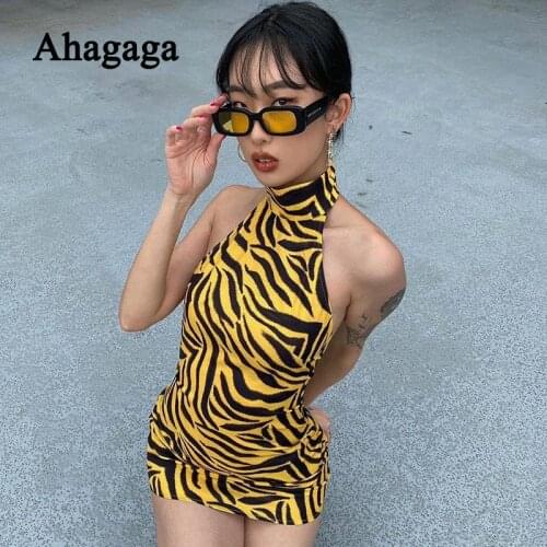 Ahagaga 2021 Summer Yellow Zebra Pattern Mini Dress Women Fashion Print Halter Backless Skinny Sleeveless Female Dresses Vestido