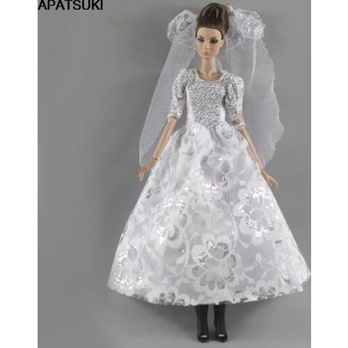 White Fashion Doll Wedding Dress for Barbie Doll Clothes Outfits Party Gown + Veil Costume 1/6 BJD Dollhouse Accessories Toys