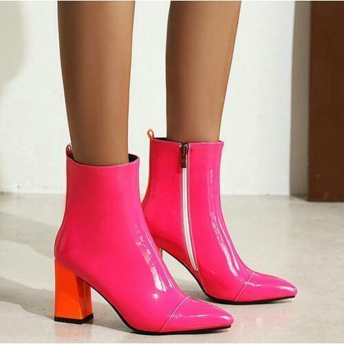 2020 Fashion Patent PU Leather Women Ankle Boots Thick Heel Pointed Toe Ladies Short Boots Candy Colors Female Party Boots
