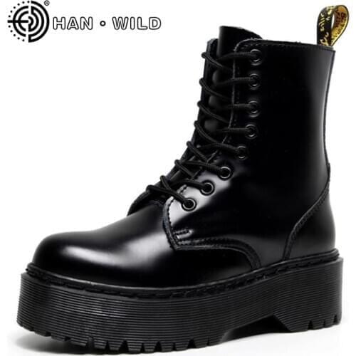 High Platform Mens Ankle Boots 100% Genuine Leather Chunky Martins Boots For Man And Woman Punk Motorcycle Boots Couples Shoes