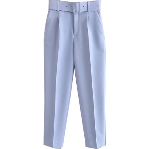 ZA Women 2021 Chic Fashion High Waist With Belt Pants Vintage Zipper Fly Pockets Office Wear Female Ankle Trousers