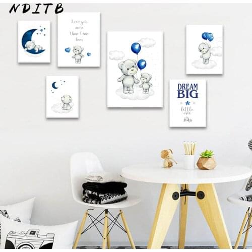 Child Room Decor Poster Cute Bear Moon Nursery Quote Painting Animal Cartoon Painting Wall Art Picture Nordic Kids Bedroom Decor