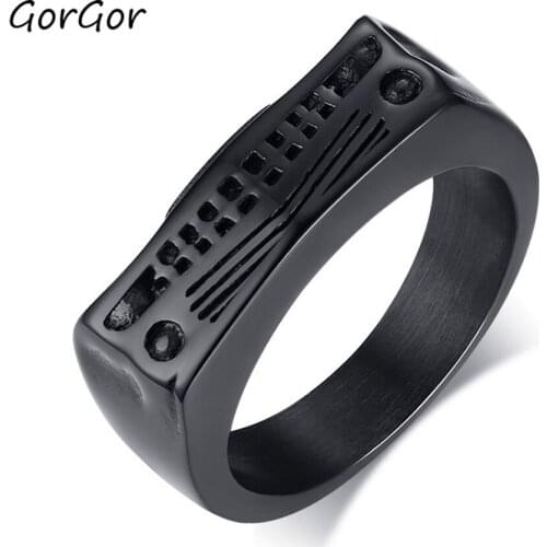 GorGor Rings Men Stainless Steel Pure Black Pattern Sports Car Head Individuality Simplicity Popular Accessories RC-449B