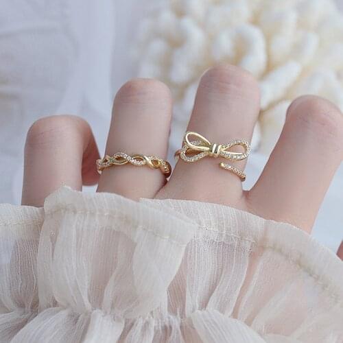 Delicate Jewelry 14K Gold Plated Twist Adjustable Crystal Knot Rings for Women Simple Style Rings Set