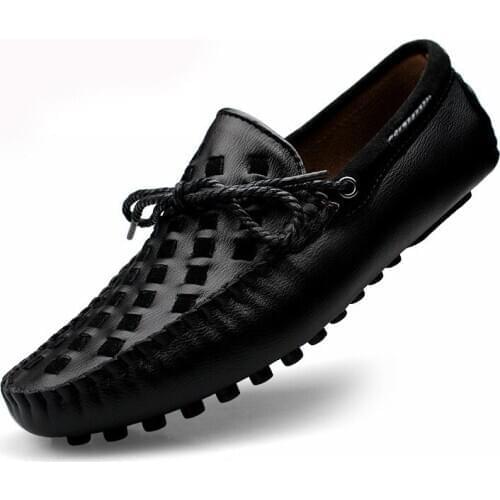Leather Men Shoes Casual Flats Men Shoes Breathable Loafers Genuine Leather Slip Moccasins Comfortable Checkered embossing 2020