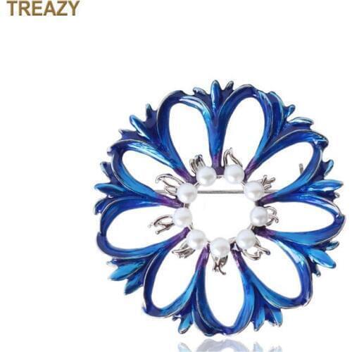 Fashion Enamel Blue Color Flower Brooches Fashion Imitation Pearl Brooch Pin Women Wedding Party Accessories