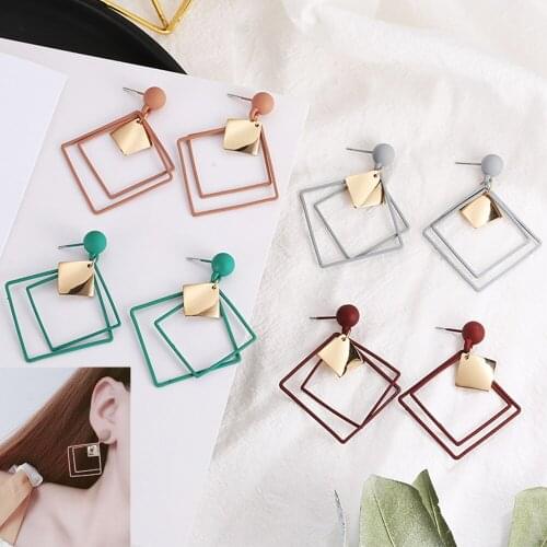 2021 Fashion simple geometric rhombus sequin pendant earrings Korea exquisite popular long hollow metal earear hook