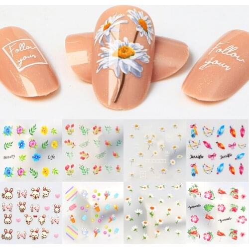 Nail Sticker Cute Rabbit Daisies Feather Flowers Transfer Slide Adhesive Nail Art Decals Manicure Decoration Accessories ZX20