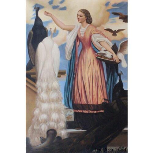 New Arrival Frameless Oil Painting on Canvas Girl Feeding Peacocks by Lord Frederic Leighton Portrait Painting Handmade