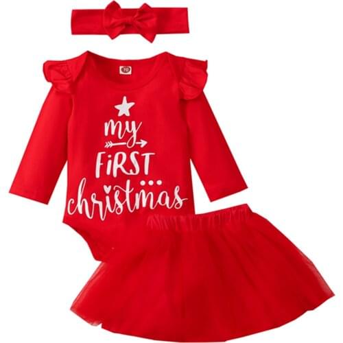 Citgeett Autumn Christmas Infant Baby Girls Clothes Set Letters Printed Pattern Romper Yarn Skirt and Headdress Xmas Suit