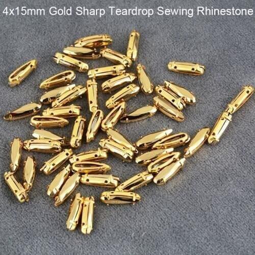 4x15mm Sew On Glass Sharp Teardrop Rhinestones With Holes Gold Aurum Drop Stone Gold Base Claw For Sewing Craft Dress Decoration