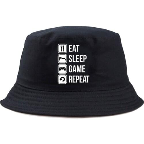 Bucket Hat Print EAT SLEEP GAME REPEAT Fashion Fisherman Summer Sun Hat Outdoor Foldable cotton Gorros Unisex Headwear Sunbonnet