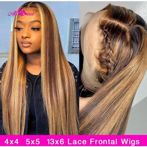 Ali Coco Transparent Highlight Colored Human Hair Wigs Pre Plucked Ombre 13x6 Lace Front Human Hair Wigs For Black Women