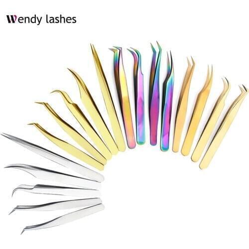 Stainless Steel Eyelashes Tweezers Professional For Lash Extension Rainbow Anti-static Eyelash Tweezer Makeup Fans Tool Supplies