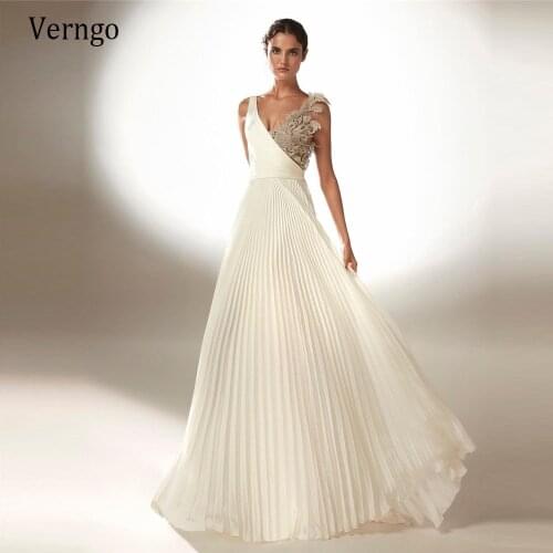 Verngo 2021 New Design A Line Draped Satin Wedding Dress With 3D Flowers V Neck Backless Bridal Gowns Floor Length Formal Dress