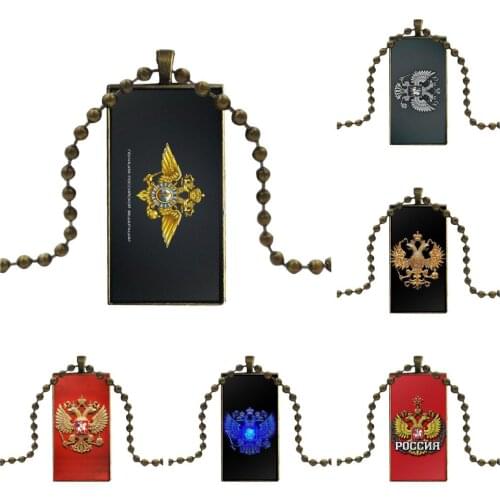 For Men Women Gift Necklace With Bronze Plated Glass Cabochon Choker Long Pendant Rectangle Necklace Russian Coat Of Arms Flag