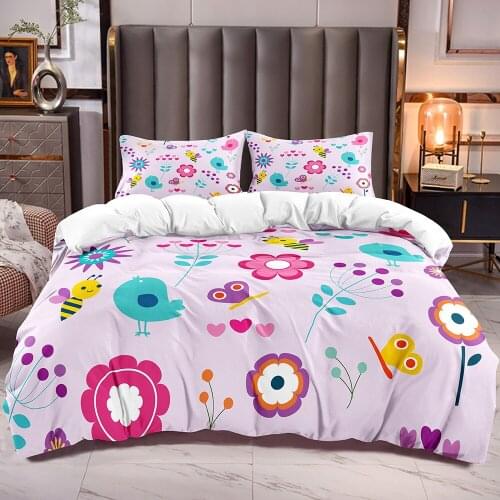 Girls Duvet Cover with Flowers Bees Birds Pattern Colors Animal Botanical Comforter Cover for Kids Cartoon Print Bedding Duvet