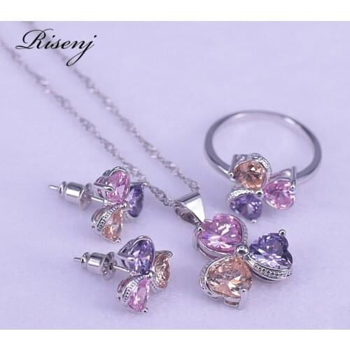 Heart & Flower 925 Silver Jewelry Set Top Cubic Zircon 925 Sterling Silver Jewelry Set Earrings Ring Necklace Costume Jewelry